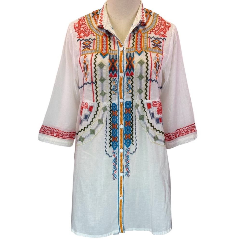 Biya By Johnny Was Embroidered White Boho Button Down Tunic Blouse Size XS